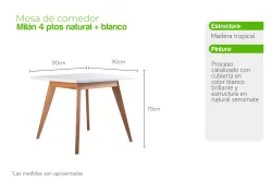 Mesa Comedor Milan 4 puestos Natural + Blanco